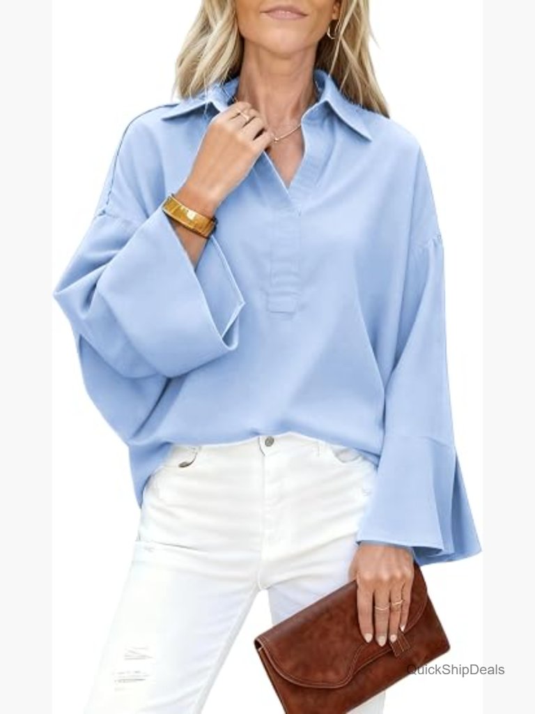 Cotton Blend Striped Button Down Henley Oversized Long Sleeve Blouse